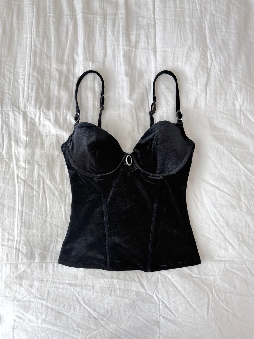 Secret Treasures Black Velvet Corset Bustier Top w/ Rhinestones Size 34C